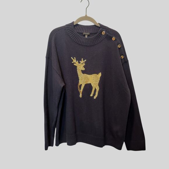 Talbots Dark Blue Sweater with Gold Deer - Picture 1 of 1